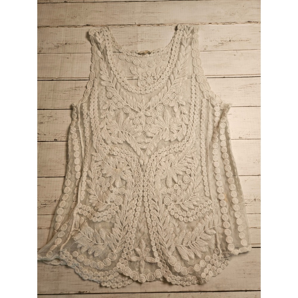 Capri Ivory Sheer Lace Tank Top Floral Embroidered Sleeveless Blouse Large